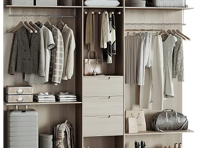Organized Cloakroom Storage Dresser With Hanging Clothes Folded Clothes And Storage Bags 3d model