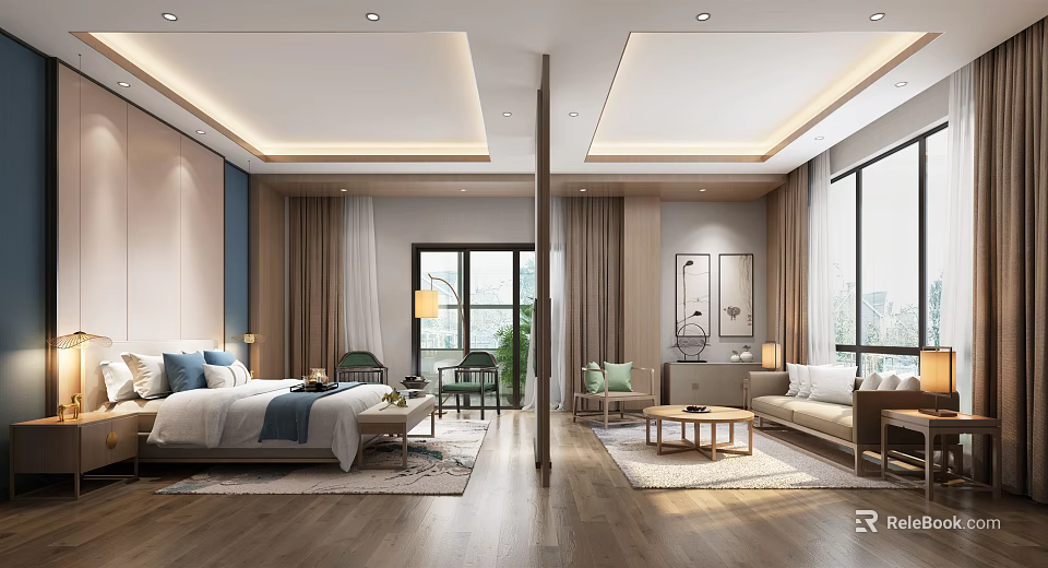 Modern Hotel Guest Room With Large Bed Cozy Sofa And Floor To Ceiling Windows 3d model 
