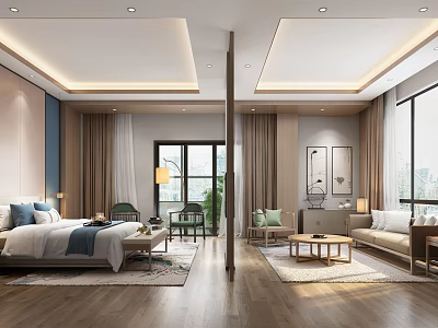Modern Hotel Guest Room With Large Bed Cozy Sofa And Floor To Ceiling Windows 3d model