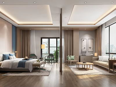 Modern Hotel Guest Room With Large Bed Cozy Sofa And Floor To Ceiling Windows 3d model