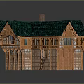 Traditional Wooden Building With Green Roof Two Chimneys And Exterior Wooden Walls