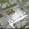 Modern Commercial Complex With Glass Curtain Wall High Rise Buildings Parking Lot Cars And Pedestrians
