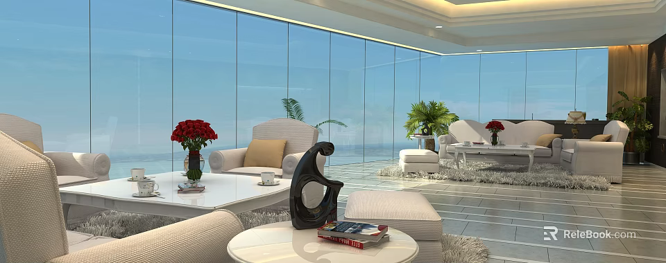 Bright Spacious Modern Living Room With Floor To Ceiling Glass Windows And Beautiful Ocean View 3d model 