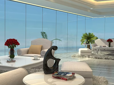 Bright Spacious Modern Living Room With Floor To Ceiling Glass Windows And Beautiful Ocean View 3d model