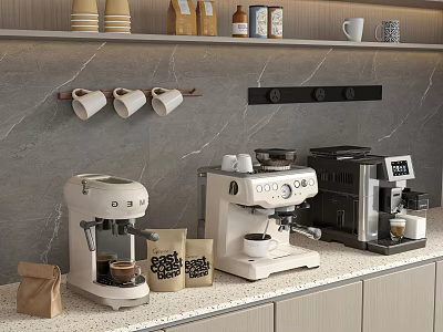 Modern Kitchen Counter With Various Coffee Makers Coffee Beans Bags And Cups 3d model