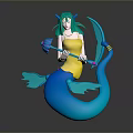 3D Mermaid Character With Green Hair Yellow Top And Blue Tail Holding Weapons