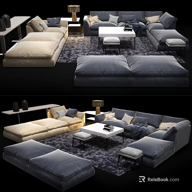 Modern Comfortable Sofa Coffee Table Set With Gray Beige Fabric Pillows Area Rug And Stools 3d model