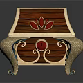 Ornate Display Cabinet Shelf With Wooden Panel Red Floral Motifs Gold Framing And Gemstone Embellishments
