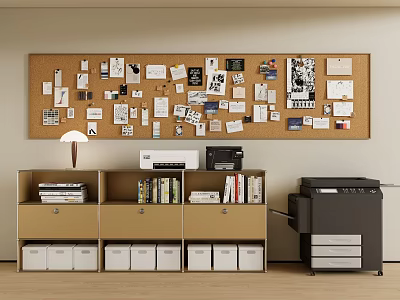 Practical Office Cabinet Shelf Unit With Open Compartments Drawers Books Files And Printer Below Corkboard 3d model