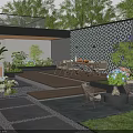 Lush Garden Courtyard Design With Wooden Deck Fire Pit Dining Set And Lush Green Plants