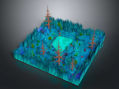 Cartoon Colorful Forest Scene With Square Area Blue Pond Green Vegetation And Red Trees 3d model