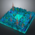 Cartoon Colorful Forest Scene With Square Area Blue Pond Green Vegetation And Red Trees
