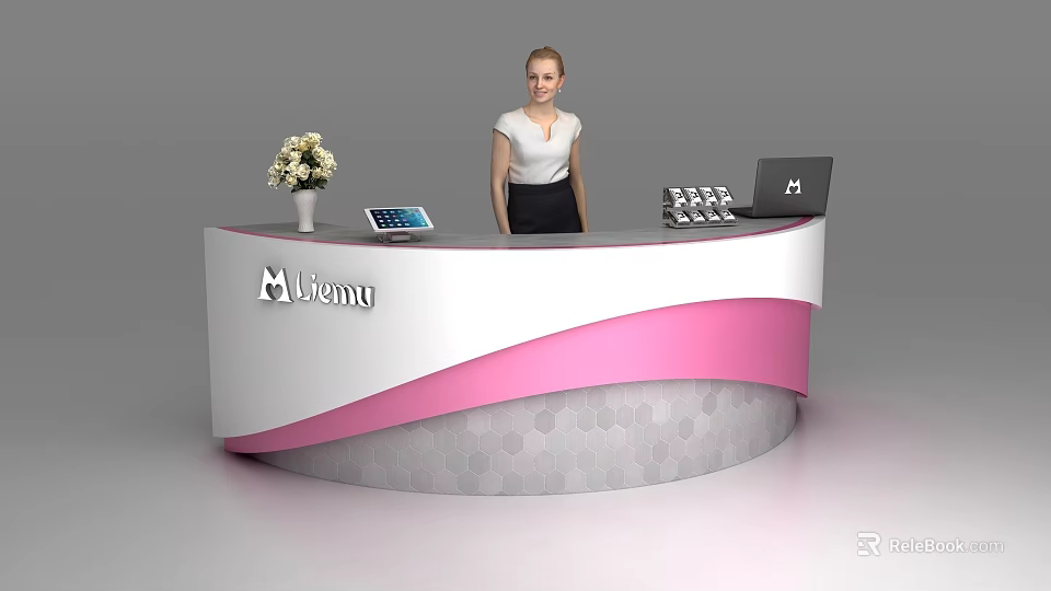 Modern White Pink Curved Reception Desk with Hexagonal Pattern Base Flower Vase Tablet Laptop Brochures 3d model 