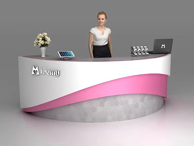 Modern White Pink Curved Reception Desk with Hexagonal Pattern Base Flower Vase Tablet Laptop Brochures 3d model