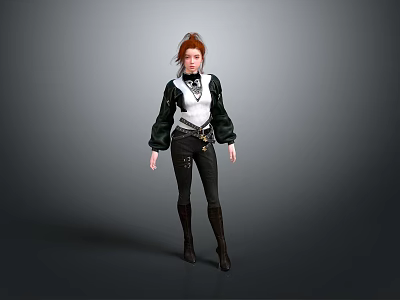 Woman With Red Hair Wearing Black White Top Black Pants Long Boots Gray Background 3d model