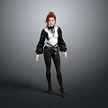 Woman With Red Hair Wearing Black White Top Black Pants Long Boots Gray Background