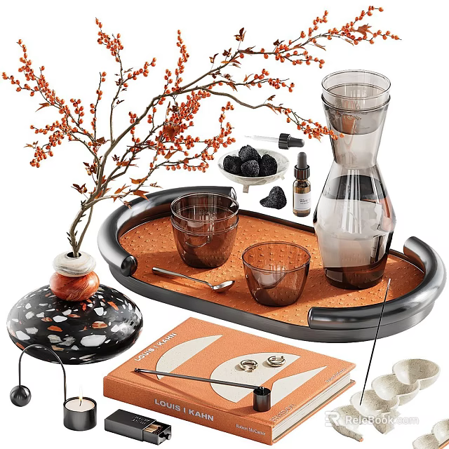 Natural Modern Decorative Ornament Set With Glass Carafe Cups Tray Berry Branch And Vase 3d model 