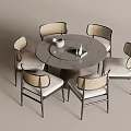 Modern Round Dining Table Set With Marble Top Woven Backrest Chairs Gray Cushions Metal Frames