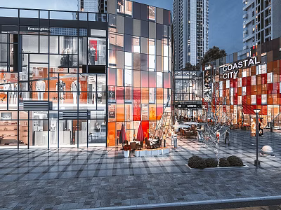 Coastal City Commercial Street With Modern Colorful Architecture Glass Facades And Outdoor Seating Areas 3d model