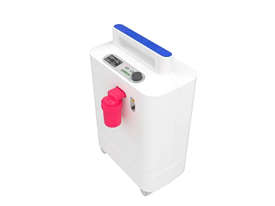 White Oxygen Concentrator With Blue Top Pink Outlet Control Panel And Wheels 3d model