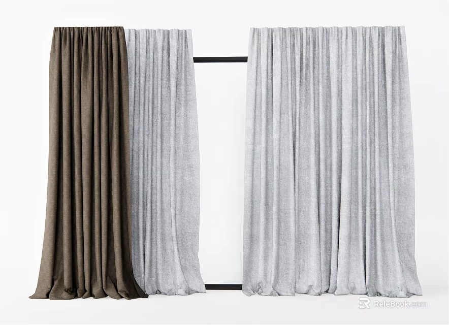 Long Brown and Gray Soft Textured Fabric Curtains Hanging on Rods 3d model 