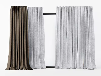 Long Brown and Gray Soft Textured Fabric Curtains Hanging on Rods 3d model