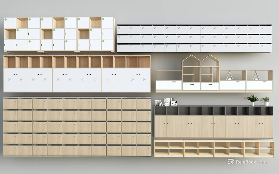 Various Wooden And White Storage Cabinets With Multiple Layers And Drawer Units 3d model 