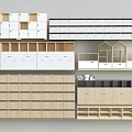 Various Wooden And White Storage Cabinets With Multiple Layers And Drawer Units