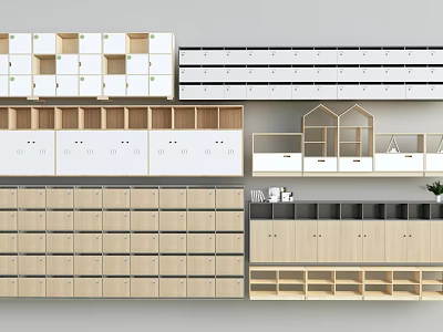 Various Wooden And White Storage Cabinets With Multiple Layers And Drawer Units 3d model