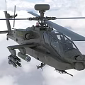 Advanced Military Attack Helicopter Flying High in Cloudy Sky with Rotors and Weapons