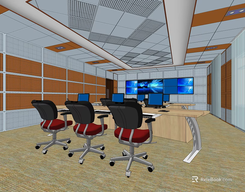 Modern Control Room Setup With Multiple Monitoring Screens Ergonomic Chairs And Metal Grid Walls 3d model 