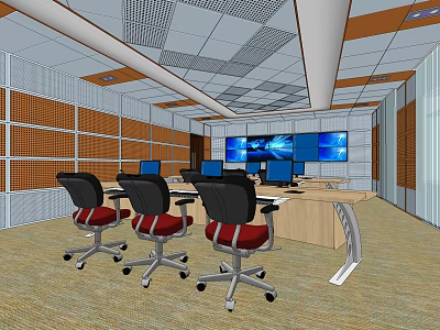 Modern Control Room Setup With Multiple Monitoring Screens Ergonomic Chairs And Metal Grid Walls 3d model