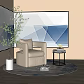 Modern Cream Single Seater Sofa With Green Plant And Blue Geometric Wall Art