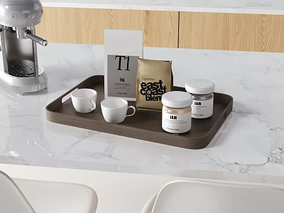 Decorative Ornaments Set With Tray White Cups Jars Paper Bag And Card On Marble Countertop 3d model