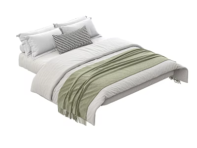 Modern Double Bed With White Bedding Striped Pillow And Green Blanket 3d model