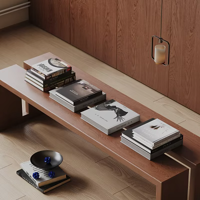 Stacked Books And Magazines On Modern Wooden Table With Minimalist Interior Setting 3d model