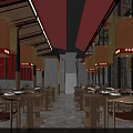 Traditional Chinese Hotpot Restaurant Interior Design With Red Lanterns And Wooden Tables and Chairs