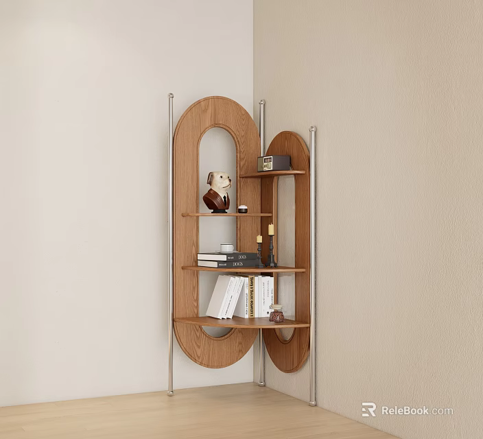 Modern Wooden Decorative Cabinet With Multiple Shelves Books And Decor Items In Corner 3d model 