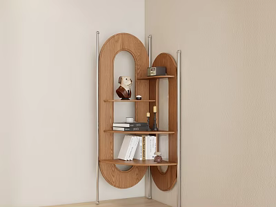 Modern Wooden Decorative Cabinet With Multiple Shelves Books And Decor Items In Corner 3d model