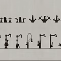 Various Stylish Faucet Designs Displayed On White Shelves For Home Use
