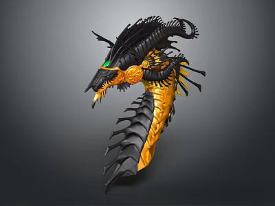 Mythical Black Yellow Dragon Creature With Green Eyes And Spiked Body Design 3d model
