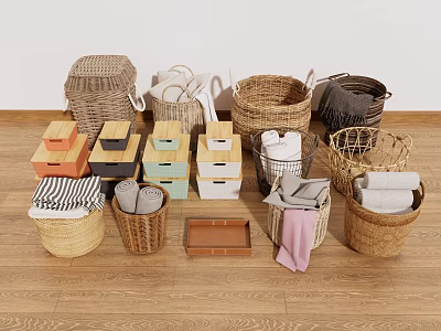 Stylish Woven Laundry Baskets And Storage Boxes With Towels For Home Organization 3d model