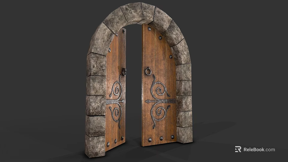 Arched Wooden Gate With Stone Frame And Intricate Metal Decorations 3d model 