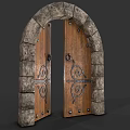 Arched Wooden Gate With Stone Frame And Intricate Metal Decorations