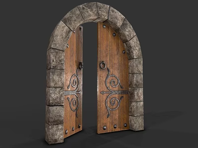 Arched Wooden Gate With Stone Frame And Intricate Metal Decorations 3d model