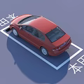 Red Honda Sedan Parked in Marked Parking Space With Yellow Assist Devices