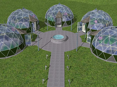 Geodesic Dome Structures On Grassy Area With Central Fountain And Pathway 3d model