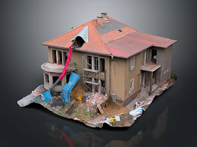 Beige House With Red Tile Roof Under Renovation Featuring Scaffolding Debris And Blue Tarpaulin 3d model