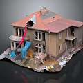 Beige House With Red Tile Roof Under Renovation Featuring Scaffolding Debris And Blue Tarpaulin