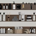 Stylish Bathroom Accessories On Wooden Shelves With Dispensers Towels And Baskets